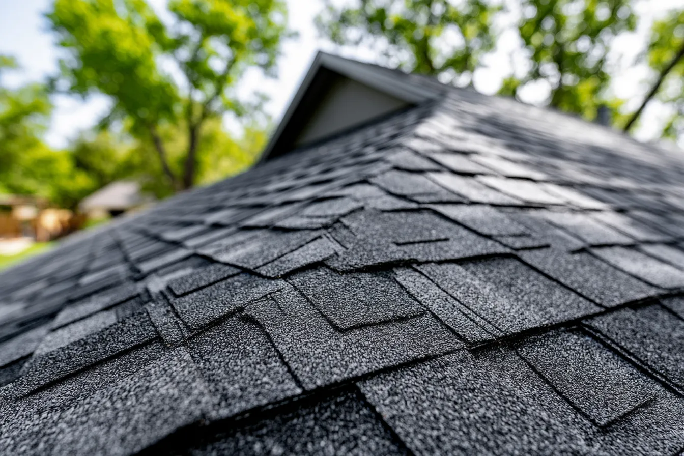 Close view of black asphalt shingles with a gable and trees behind