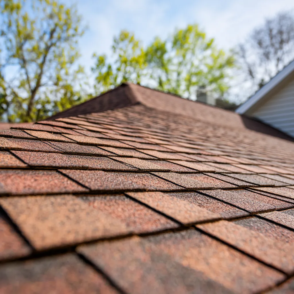 Asphalt shingles in reddish brown climbing toward a roof peak