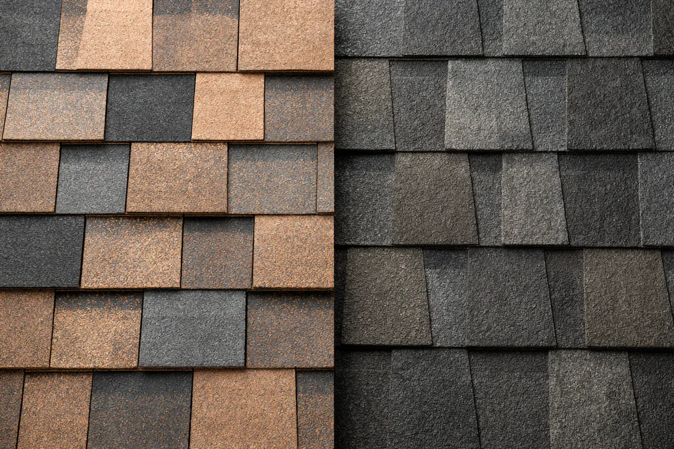 Close-up comparison of two asphalt shingle roof sections in different color tones