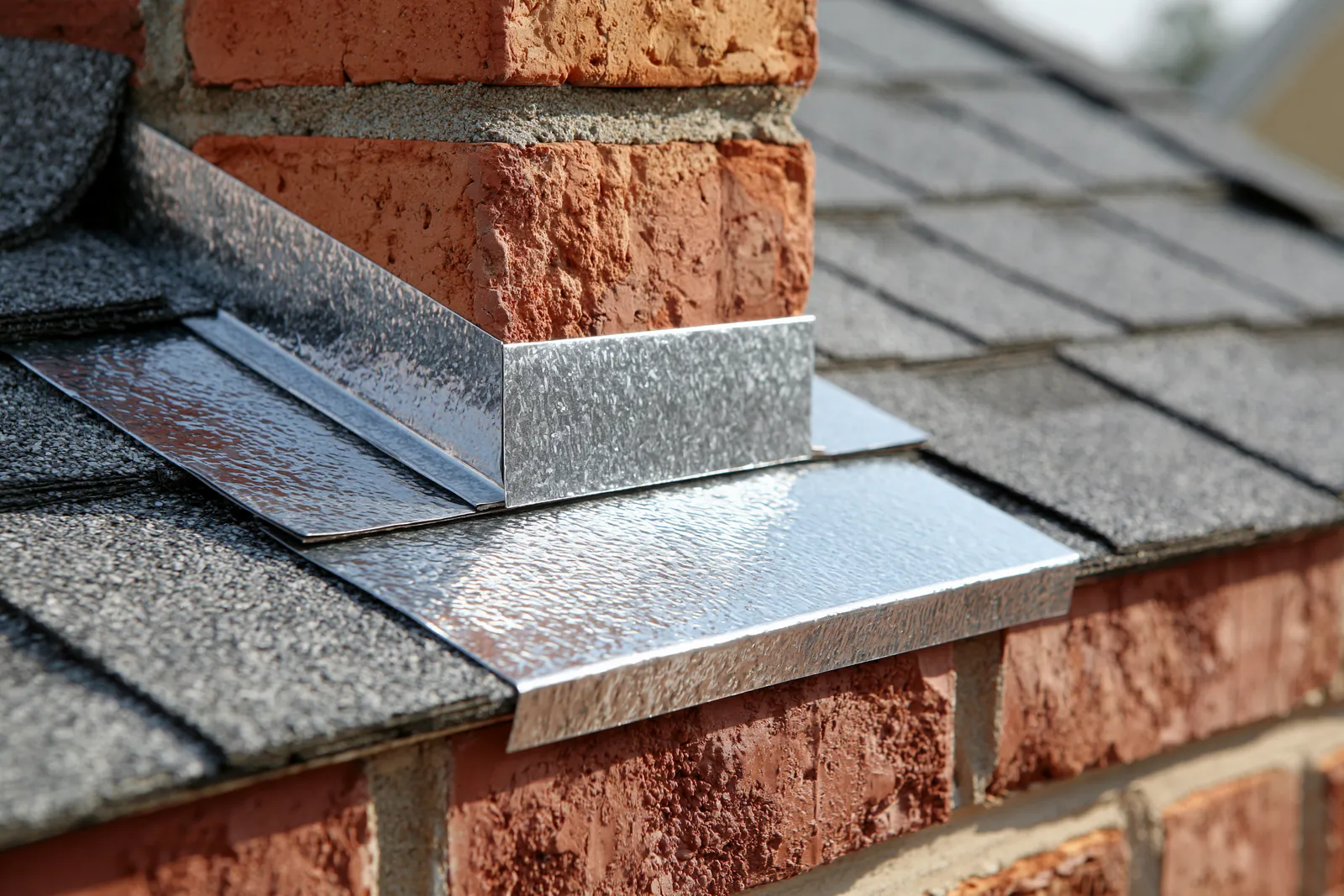 Brick chimney base fitted with metal saddle flashing on a shingle roof