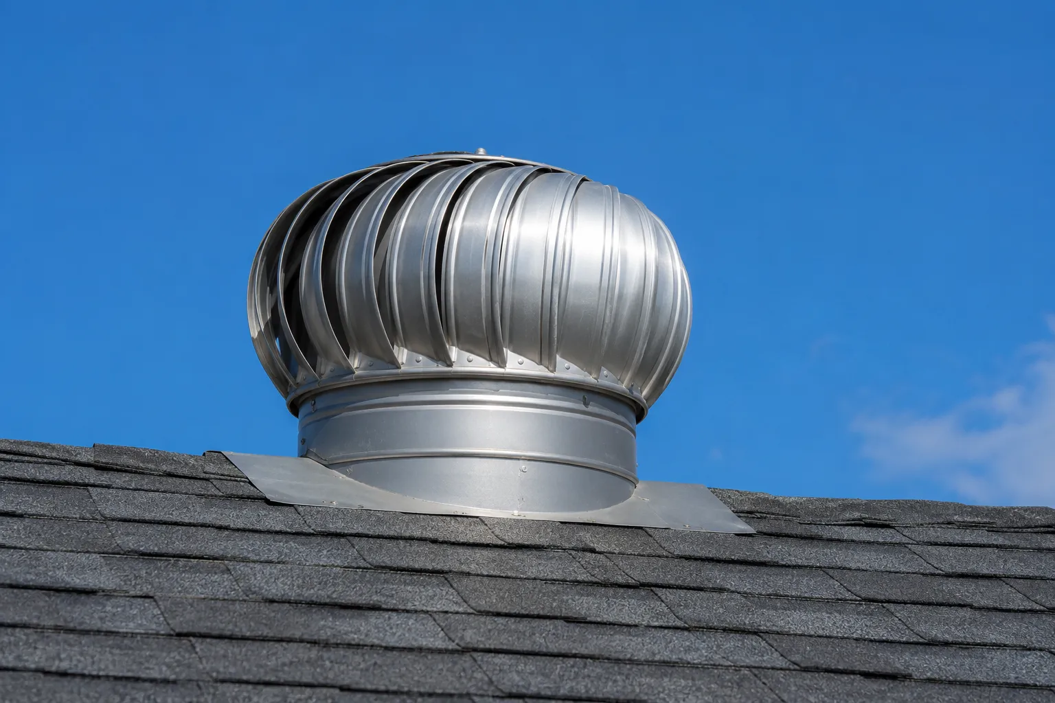 Metal turbine vent mounted on a gray shingle roof