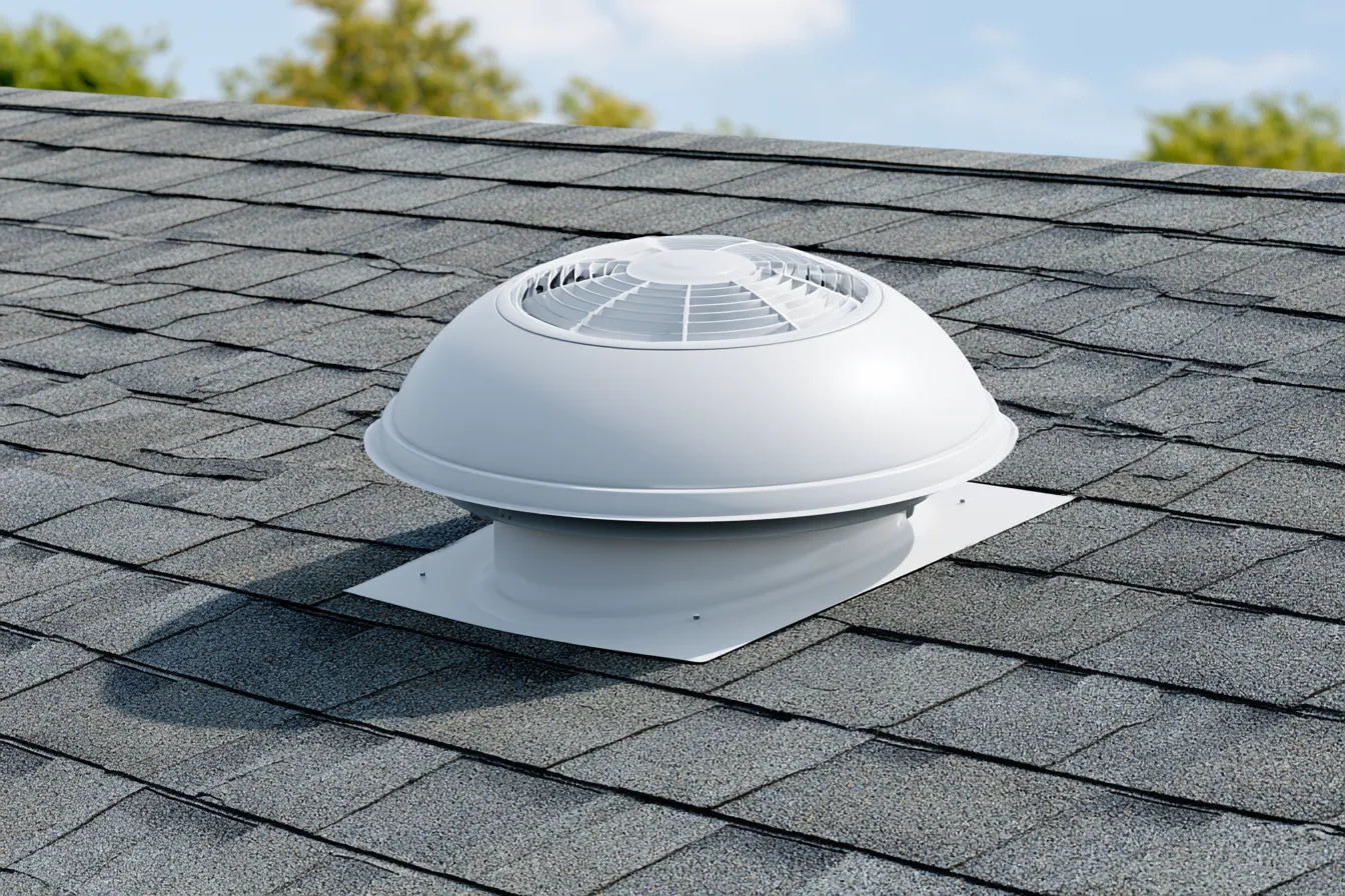 Dome-style powered attic fan mounted on shingles