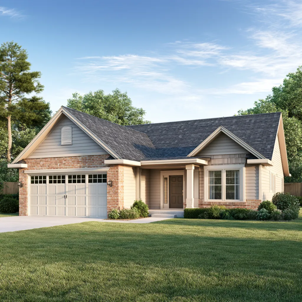 Dark gray shingle roof on a brick and siding ranch home