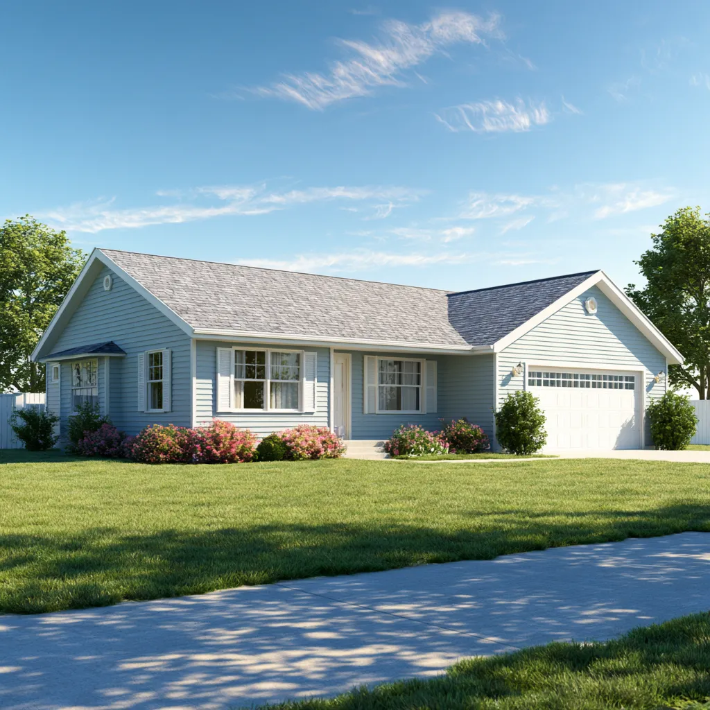 Light blue ranch home with a gray asphalt shingle roof