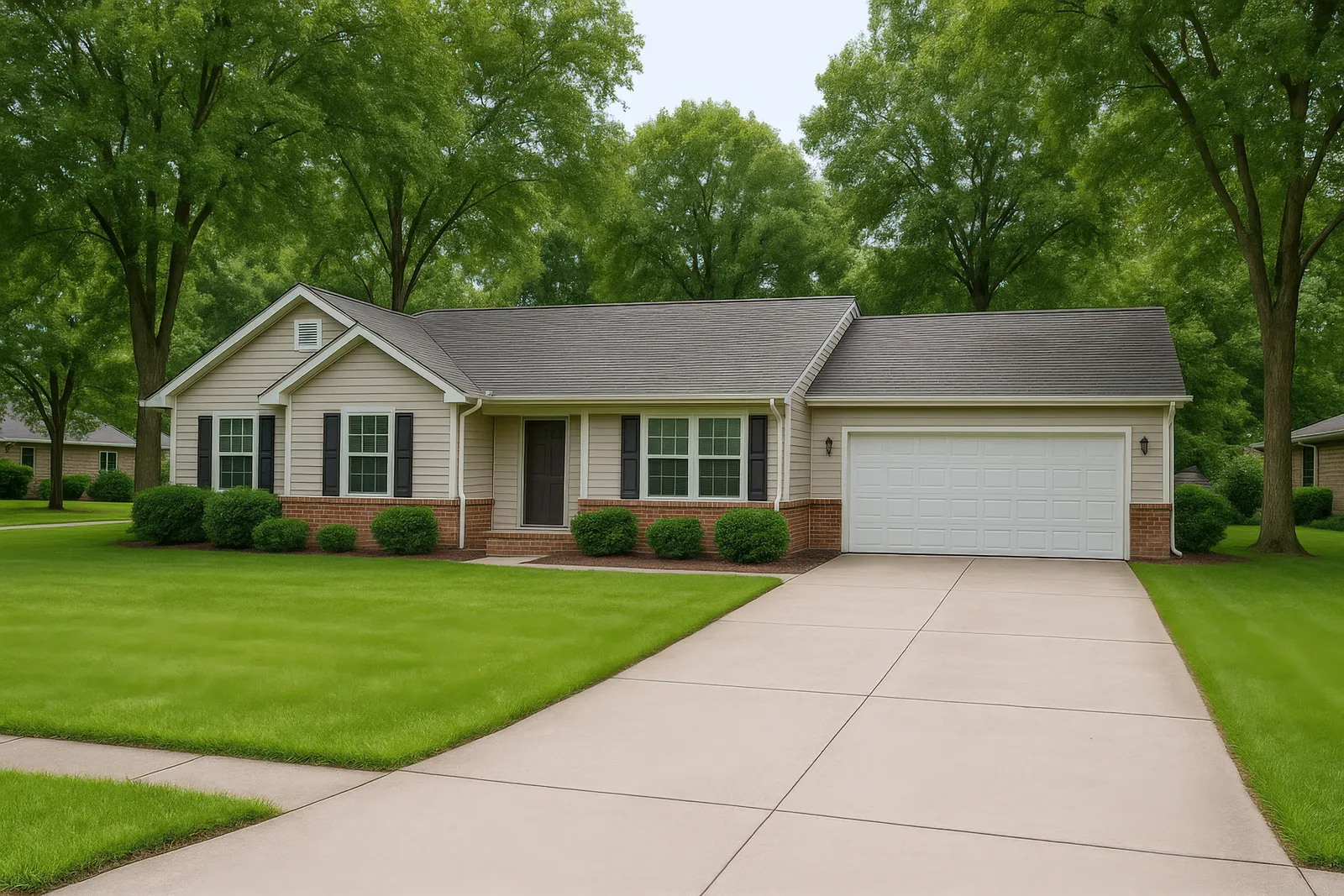 Beige ranch home with gray shingle roof and brick accents