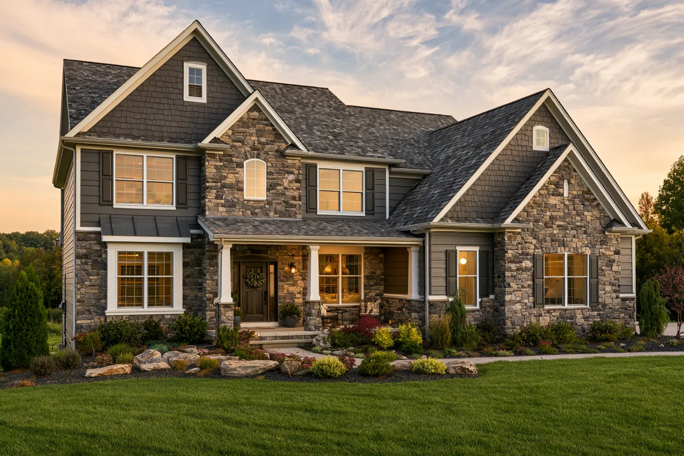 A two-story stone and siding home with a covered porch under a dark gray shingle roof