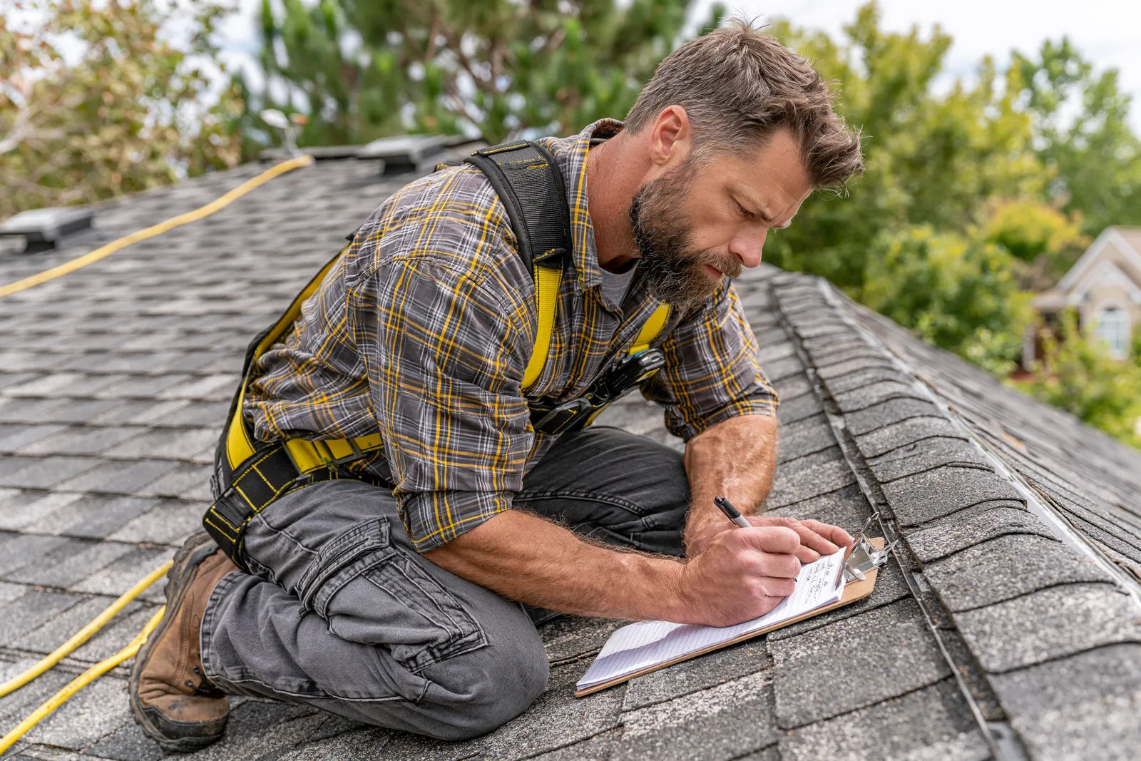 A roofer kneeling on a shingle roof writes notes on a clipboard