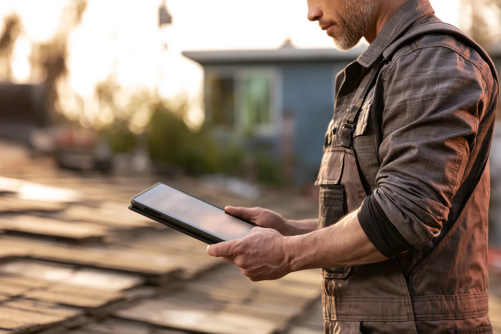 A tablet is reviewed by a roofer standing on an exposed roof deck