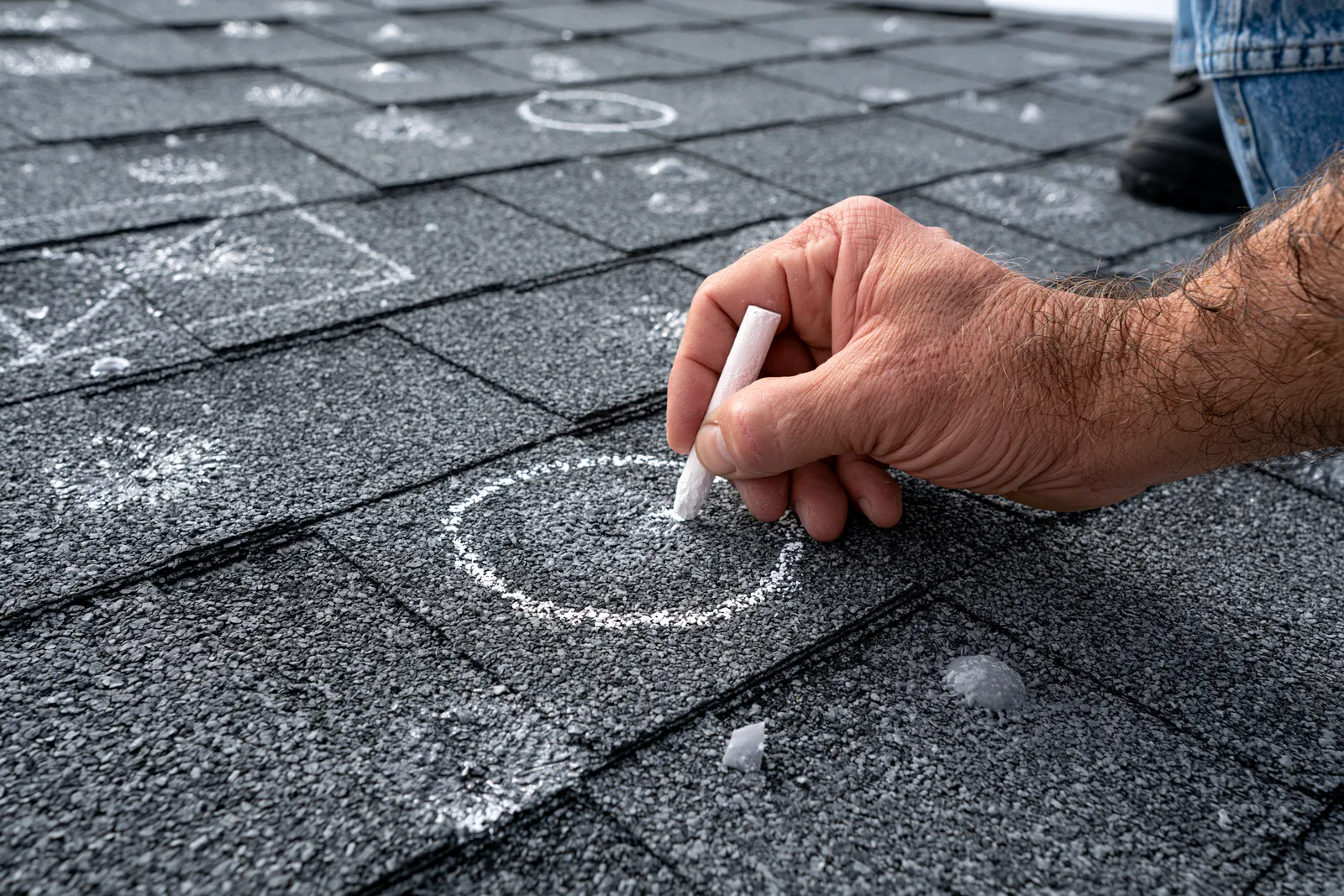 Using chalk a roofer circles hail damage on a shingle roof