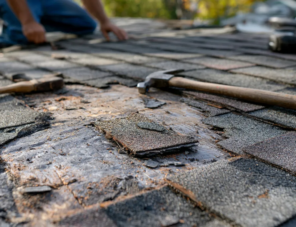 Roofer working nearby while a hammer rests on worn shingles