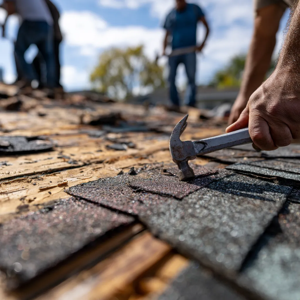 Roofers in the background as a hammer claw pries up a damaged shingle