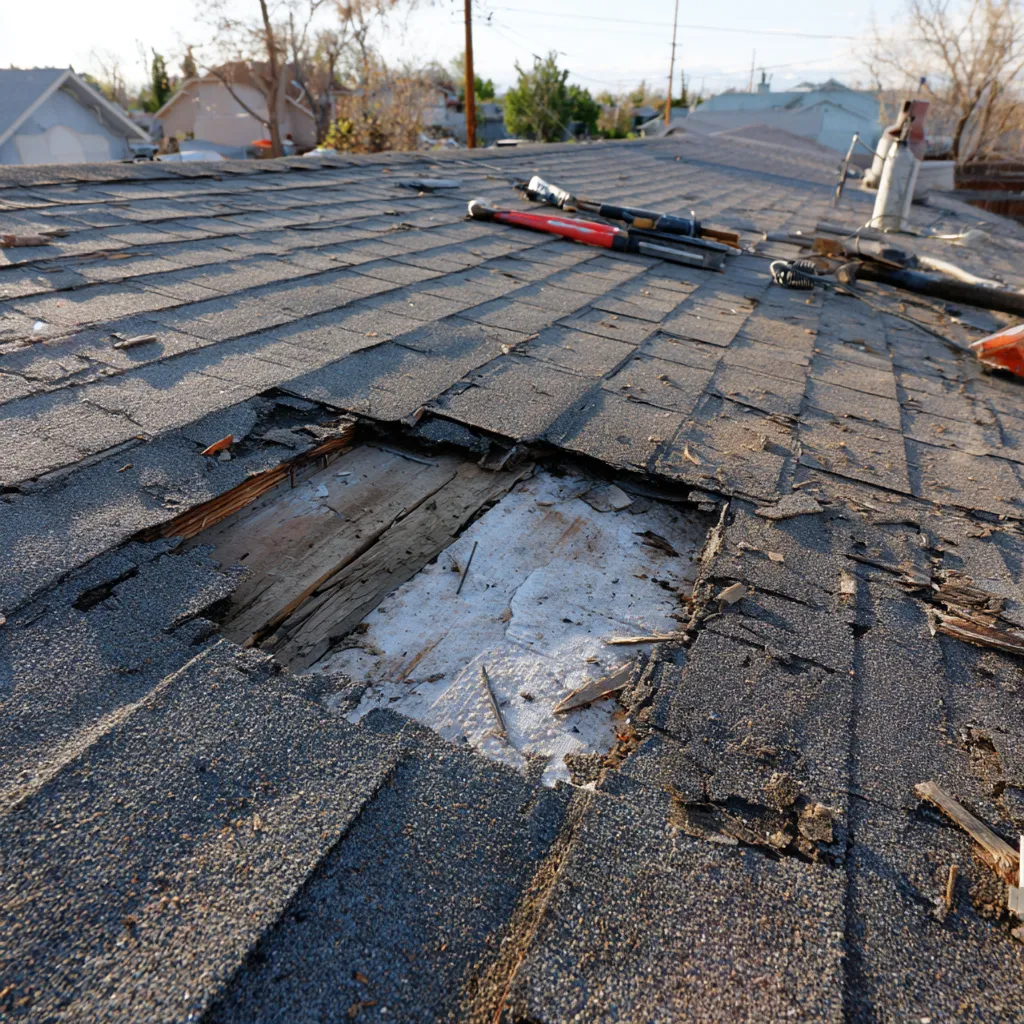 Opening in a shingle roof exposing weathered decking with tools nearby