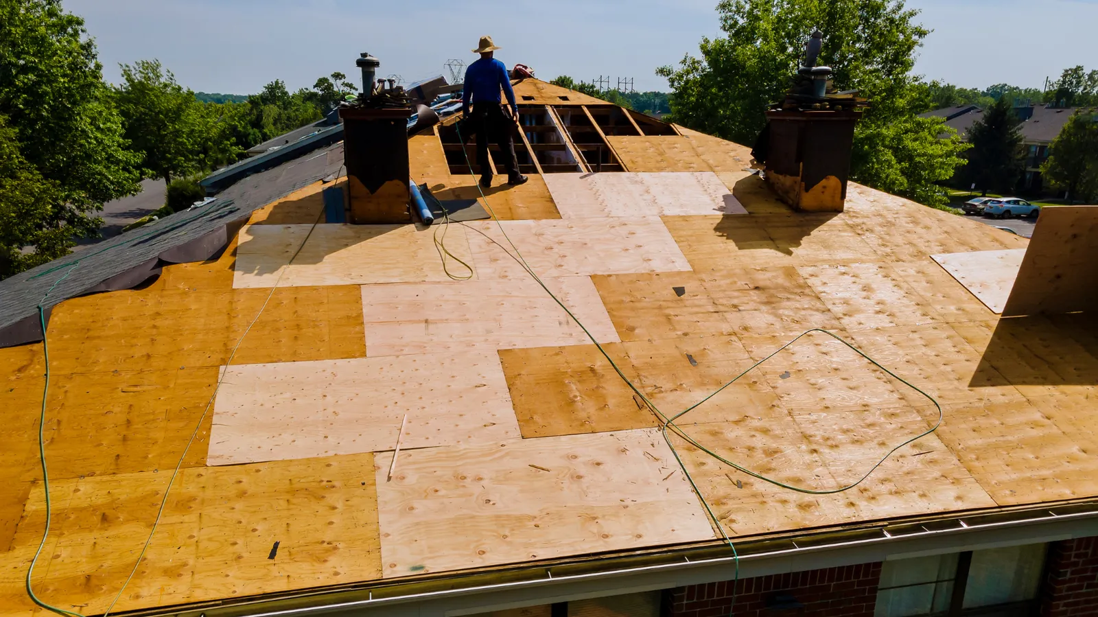 New plywood decking across a large roof with a standing roofer