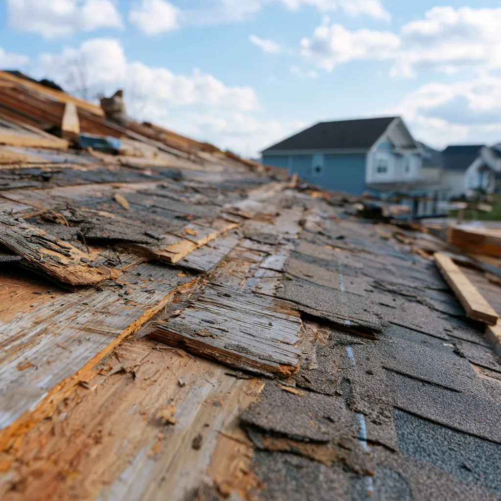 Roof slope with shingle debris and exposed plank decking