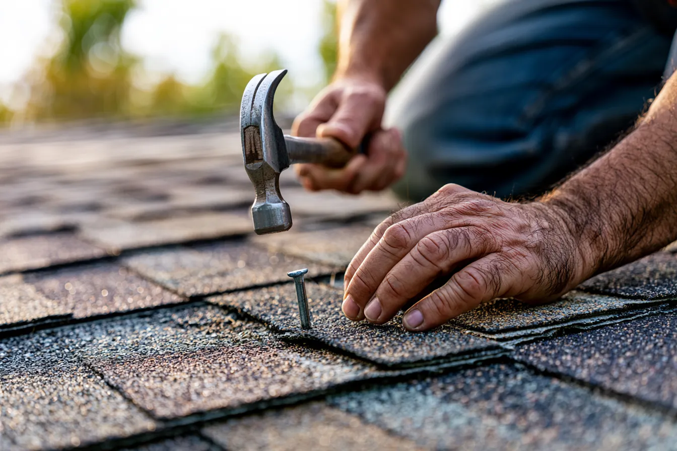 A roofer hammering a nail into an asphalt shingle during a roof repair