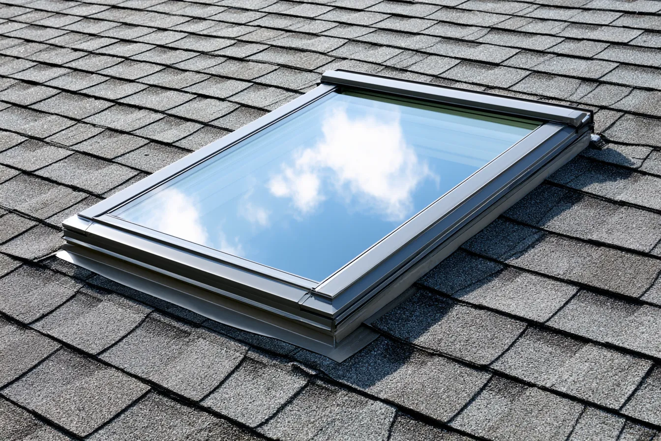 Gray shingle roof fitted with a rectangular skylight and metal flashing