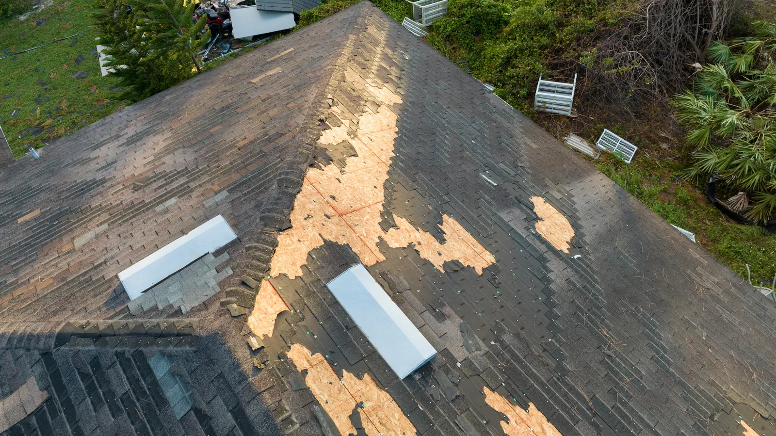 Exposed bare decking running along a shingle roof ridge