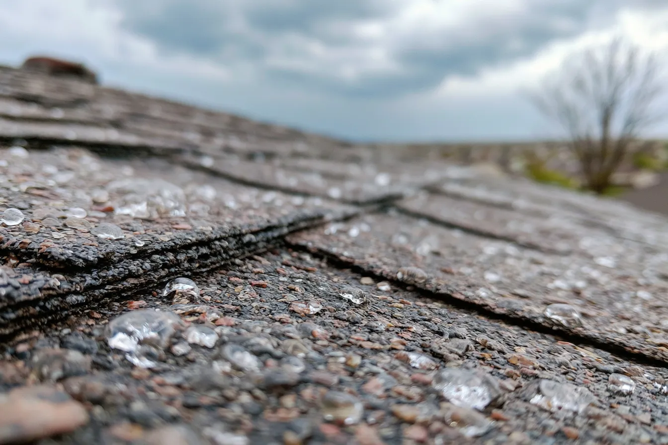 Hailstones scattered across asphalt shingles under an overcast sky
