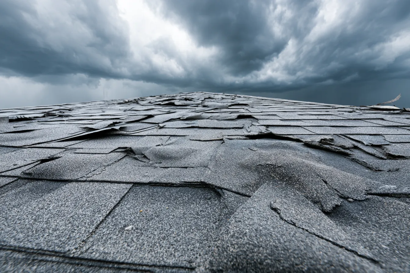 Dark clouds above lifted and broken shingles on a roof